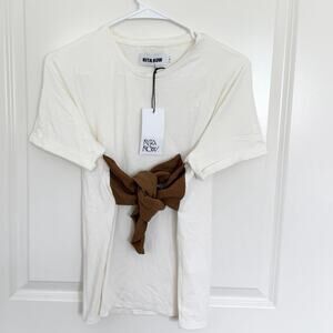 NWT RITA ROW Sash Tie Shirt Sleeve Shirt White Brown Large